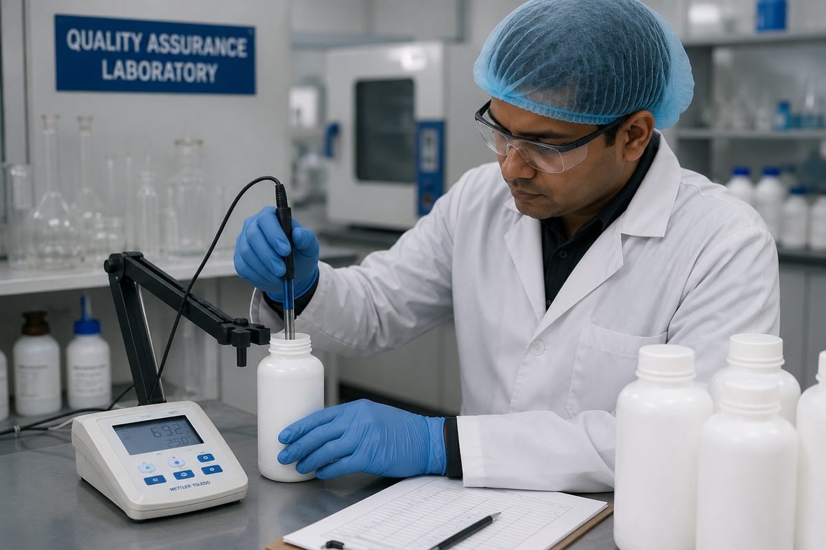 Quality control technician testing HDPE bottle samples with a pH meter in the Insta Polyplast quality assurance laboratory