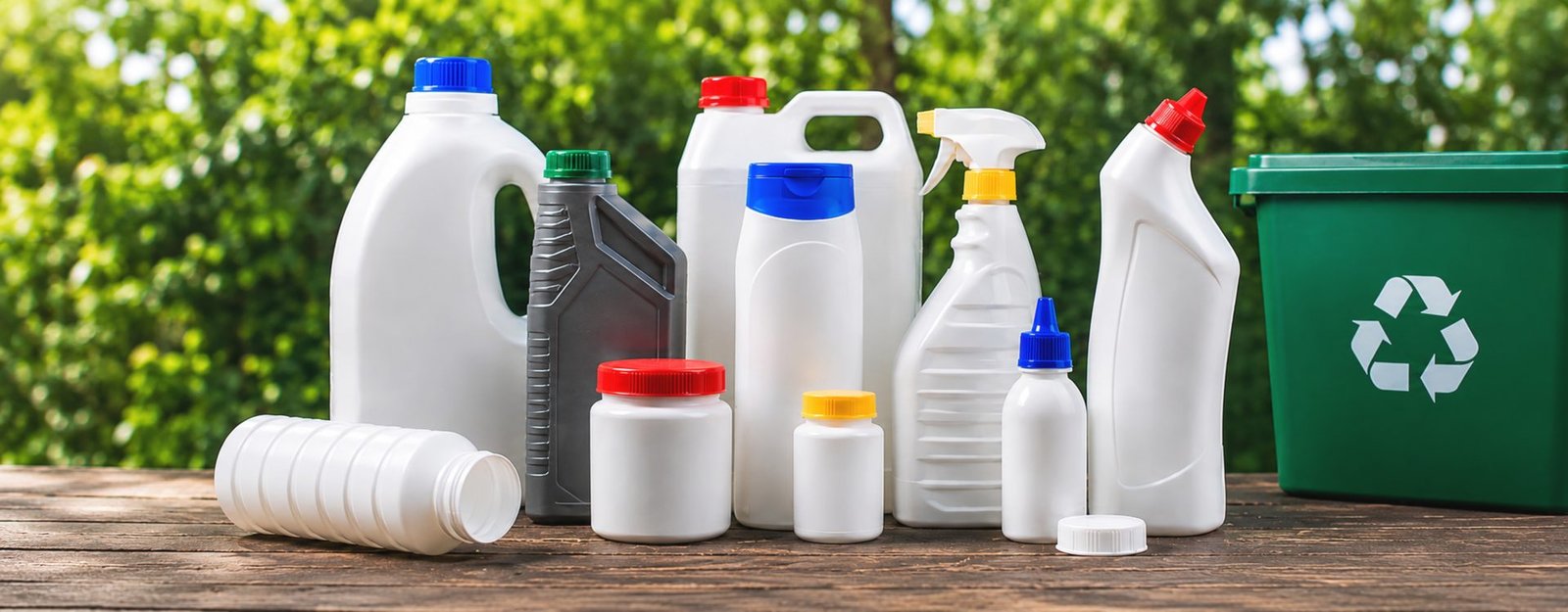 Range of recyclable HDPE bottles, jars and containers beside a green recycling bin against a leafy background